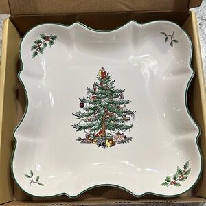 Spode Christmas Tree Devonia Tray with Green and Red Accents